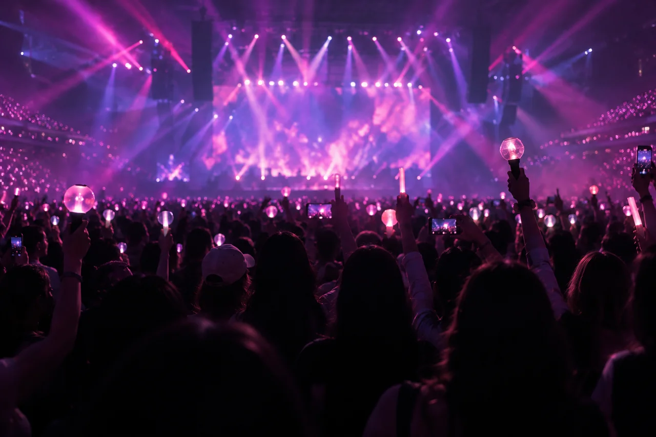 Fans raising lightsticks beneath pink and purple concert lights